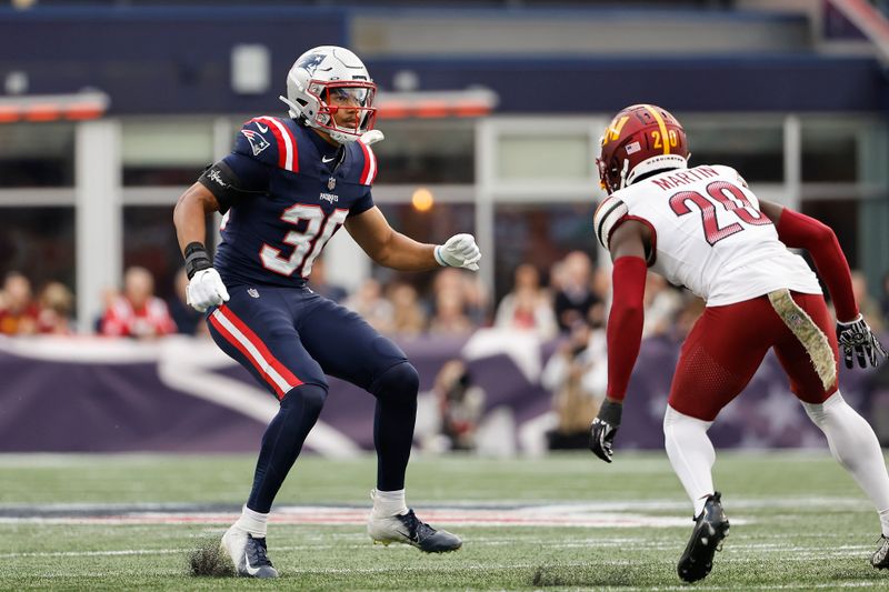 New England Patriots' Marte Mapu against the Washington Commanders during an NFL football game at Gillette Stadium, Sunday Nov. 5, 2023 in Foxborough, Mass. (Winslow Townson/AP Images for Panini)