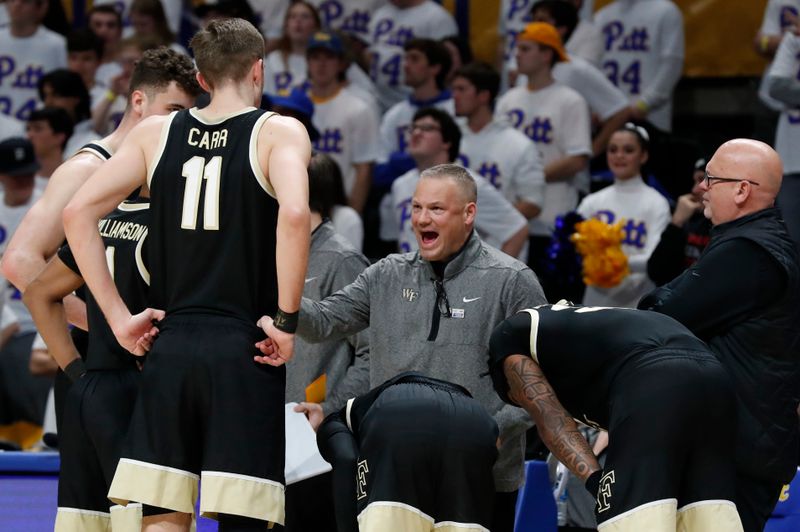 Jan 25, 2023; Pittsburgh, Pennsylvania, USA;  Wake Forest Demon Deacons assistant coach Matt Woodley (middle) reacts during a time-out against the Pittsburgh Panthers during the first half at the Petersen Events Center. Mandatory Credit: Charles LeClaire-USA TODAY Sports