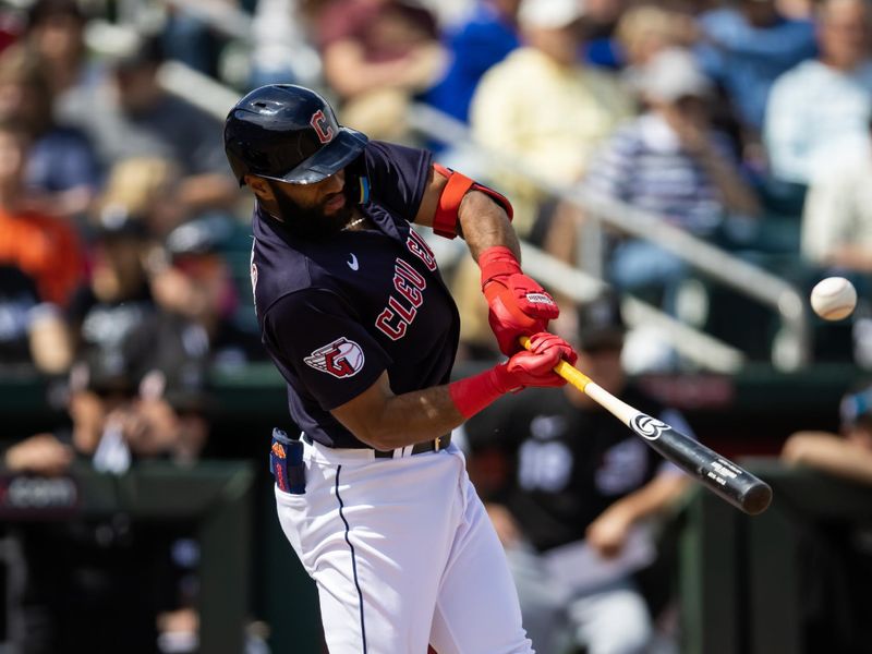 Mar 16, 2023; Goodyear, Arizona, USA; Cleveland Guardians infielder Amed Rosario against the Chicago White Sox during a spring training game at Goodyear Ballpark. Mandatory Credit: Mark J. Rebilas-USA TODAY Sports