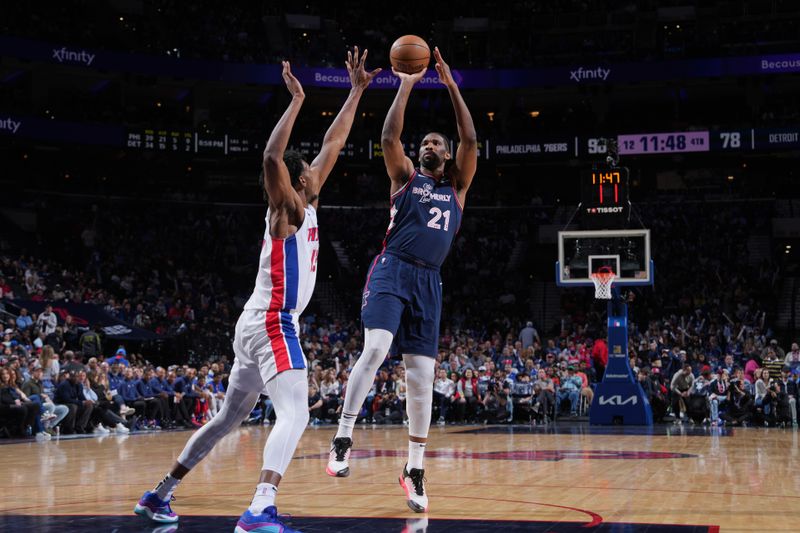 PHILADELPHIA, PA - APRIL 9: Joel Embiid #21 of the Philadelphia 76ers shoots the ball during the game against the Detroit Pistons on April 9, 2024 at the Wells Fargo Center in Philadelphia, Pennsylvania NOTE TO USER: User expressly acknowledges and agrees that, by downloading and/or using this Photograph, user is consenting to the terms and conditions of the Getty Images License Agreement. Mandatory Copyright Notice: Copyright 2024 NBAE (Photo by Jesse D. Garrabrant/NBAE via Getty Images)