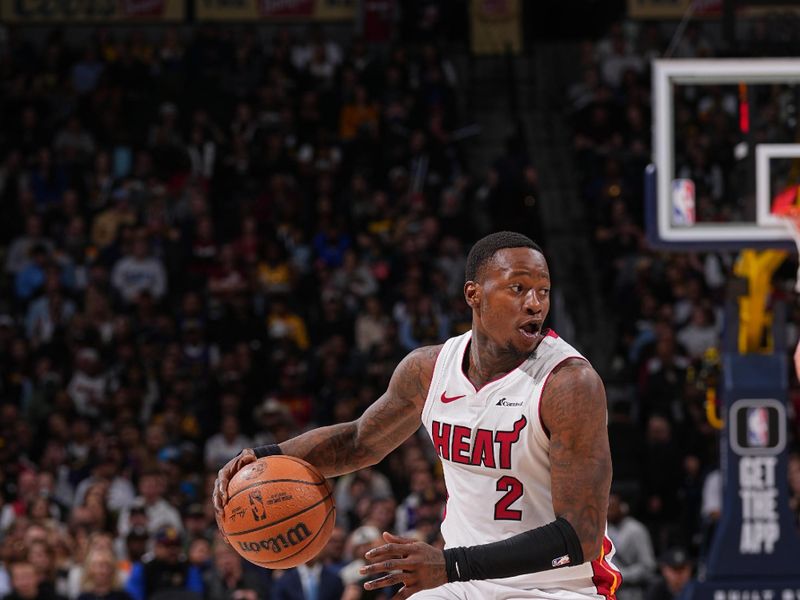 DENVER, CO - FEBRUARY 29: Terry Rozier #2 of the Miami Heat handles the ball during the game against the Denver Nuggets on February 29, 2024 at the Ball Arena in Denver, Colorado. NOTE TO USER: User expressly acknowledges and agrees that, by downloading and/or using this Photograph, user is consenting to the terms and conditions of the Getty Images License Agreement. Mandatory Copyright Notice: Copyright 2024 NBAE (Photo by Bart Young/NBAE via Getty Images)