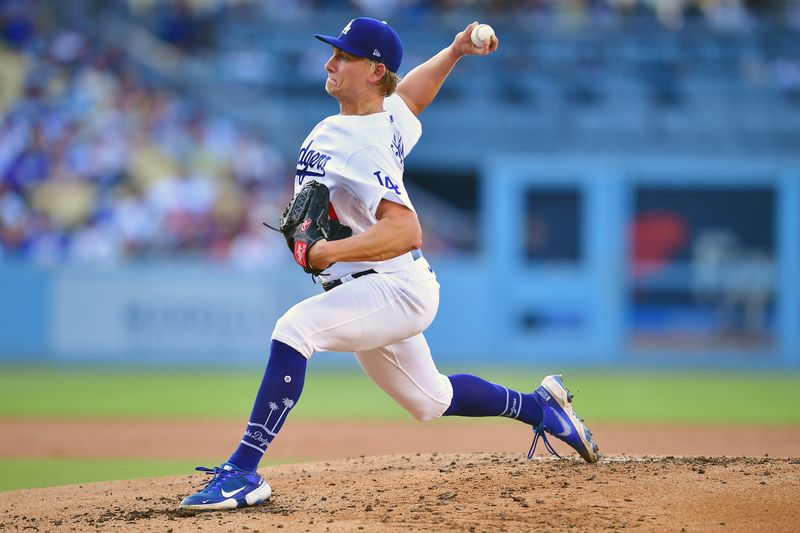 Jul 29, 2023; Los Angeles, California, USA; Los Angeles Dodgers starting pitcher Emmet Sheehan (80) throws against the Cincinnati Reds during the second inning at Dodger Stadium. Mandatory Credit: Gary A. Vasquez-USA TODAY Sports