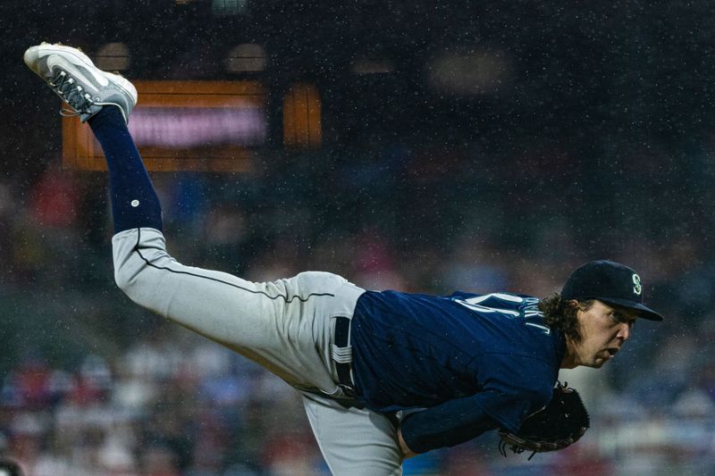 Apr 26, 2023; Philadelphia, Pennsylvania, USA; Seattle Mariners starting pitcher Logan Gilbert (36) throws a pitch against the Philadelphia Phillies during the fifth inning at Citizens Bank Park. Mandatory Credit: Bill Streicher-USA TODAY Sports