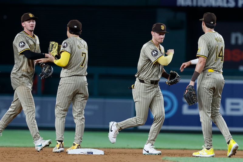 Jul 24, 2024; Washington, District of Columbia, USA; San Diego Padres players celebrate after their game against the Washington Nationals at Nationals Park. Mandatory Credit: Geoff Burke-USA TODAY Sports