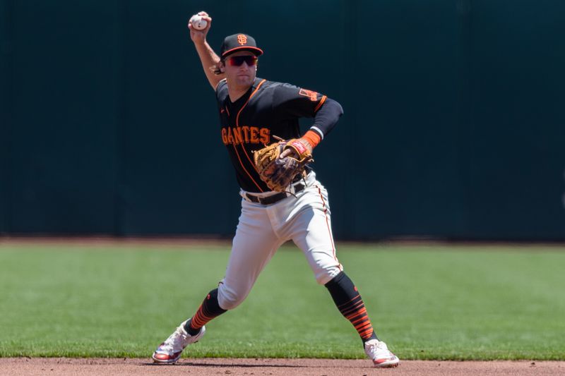 Jun 4, 2023; San Francisco, California, USA;  San Francisco Giants shortstop Casey Schmitt (6) throws to first for an out against the Baltimore Orioles during the first inning at Oracle Park. Mandatory Credit: John Hefti-USA TODAY Sports