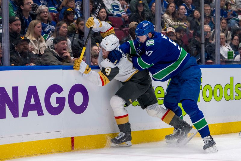 Apr 8, 2024; Vancouver, British Columbia, CAN; Vancouver Canucks defenseman Tyler Myers (57) checks Vegas Golden Knights forward Jack Eichel (9) in the second period  at Rogers Arena. Mandatory Credit: Bob Frid-USA TODAY Sports