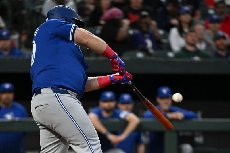 May 13, 2024; Baltimore, Maryland, USA; Toronto Blue Jays designated hitter Daniel Vogelbach (20) swings through a sixth inning rbi single against the Baltimore Orioles  at Oriole Park at Camden Yards. Mandatory Credit: Tommy Gilligan-USA TODAY Sports