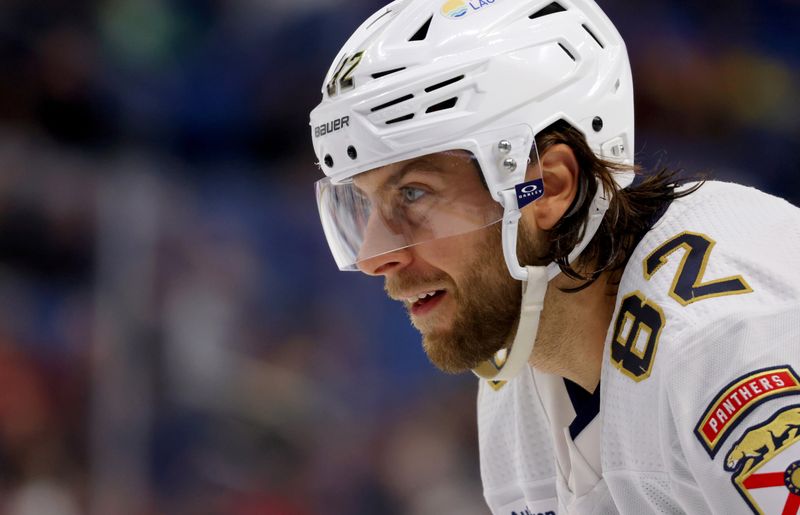 Feb 15, 2024; Buffalo, New York, USA;  Florida Panthers center Kevin Stenlund (82) waits for the face-off during the third period against the Buffalo Sabres at KeyBank Center. Mandatory Credit: Timothy T. Ludwig-USA TODAY Sports