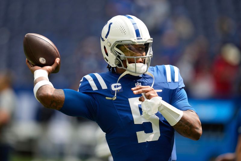 Indianapolis Colts quarterback Anthony Richardson (5) warms up before an NFL football game against the Houston Texans, Sunday, Sept. 8, 2024, in Indianapolis. (AP Photo/Darron Cummings)