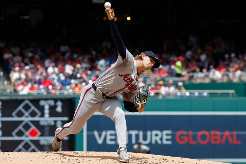 Jun 9, 2024; Washington, District of Columbia, USA; Atlanta Braves starting pitcher Hurston Waldrep (30) pitches during his MLB debut against the Washington Nationals during the first inning at Nationals Park. Mandatory Credit: Geoff Burke-USA TODAY Sports