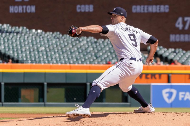 Apr 30, 2024; Detroit, Michigan, USA; Detroit Tigers starting pitcher Jack Flaherty (9) delivers against the St. Louis Cardinals in the first inning at Comerica Park. Mandatory Credit: David Reginek-USA TODAY Sports