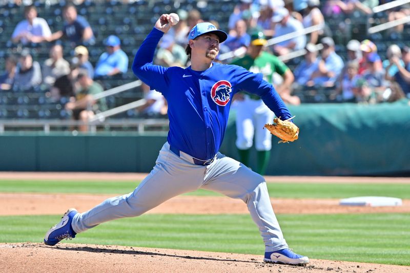 Mar 20, 2024; Mesa, Arizona, USA;  Chicago Cubs relief pitcher Mark Leiter Jr. (38) throws in the first inning against the Oakland Athletics during a spring training game at Hohokam Stadium. Mandatory Credit: Matt Kartozian-USA TODAY Sports