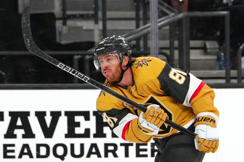 Apr 18, 2024; Las Vegas, Nevada, USA; Vegas Golden Knights right wing Jonathan Marchessault (81) shoots against the Anaheim Ducks during the second period at T-Mobile Arena. Mandatory Credit: Stephen R. Sylvanie-USA TODAY Sports