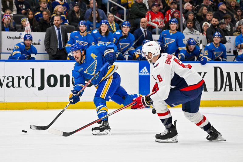 Jan 20, 2024; St. Louis, Missouri, USA;  St. Louis Blues defenseman Justin Faulk (72) shoots against Washington Capitals defenseman Joel Edmundson (6) during the second period at Enterprise Center. Mandatory Credit: Jeff Curry-USA TODAY Sports