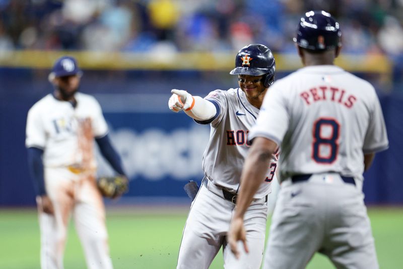 Aug 13, 2024; St. Petersburg, Florida, USA; Houston Astros shortstop Jeremy Pena (3) runs the bases after hitting a home run against the Tampa Bay Rays in the sixth inning  at Tropicana Field. Mandatory Credit: Nathan Ray Seebeck-USA TODAY Sports