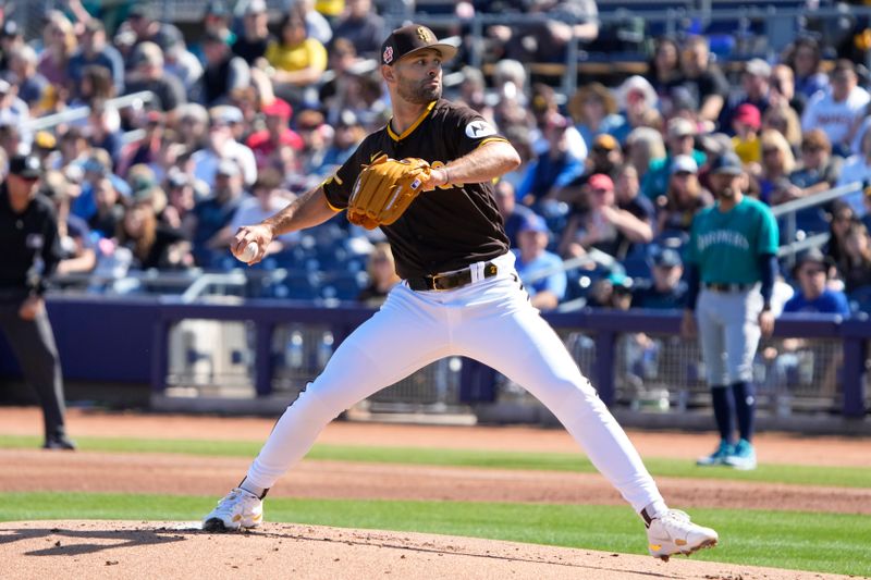 Feb 24, 2023; Peoria, Arizona, USA; San Diego Padres pitcher Nick Martinez (21) throws against the Seattle Mariners in the first inning at Peoria Sports Complex. Mandatory Credit: Rick Scuteri-USA TODAY Sports