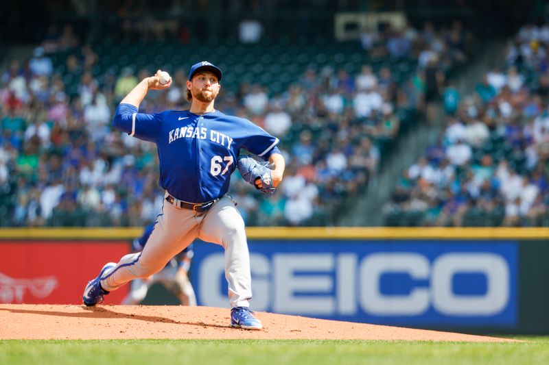 Aug 27, 2023; Seattle, Washington, USA; Kansas City Royals starting pitcher Alec Marsh (67) throws against the Seattle Mariners during the first inning at T-Mobile Park. Mandatory Credit: Joe Nicholson-USA TODAY Sports