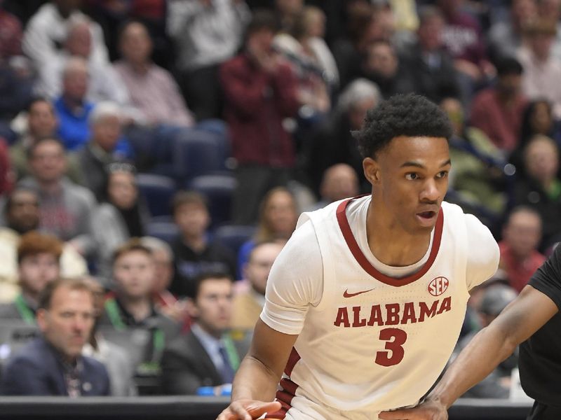 Mar 11, 2023; Nashville, TN, USA;  Alabama Crimson Tide guard Rylan Griffen (3) dribbles against the Missouri Tiger during the second half at Bridgestone Arena. Mandatory Credit: Steve Roberts-USA TODAY Sports