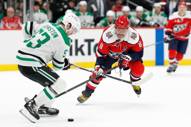 Jan 7, 2026; Washington, District of Columbia, USA; Dallas Stars center Wyatt Johnston (53) and Washington Capitals left wing Alex Ovechkin (8) battle for the puck during the third period at Capital One Arena. Mandatory Credit: Geoff Burke-Imagn Images