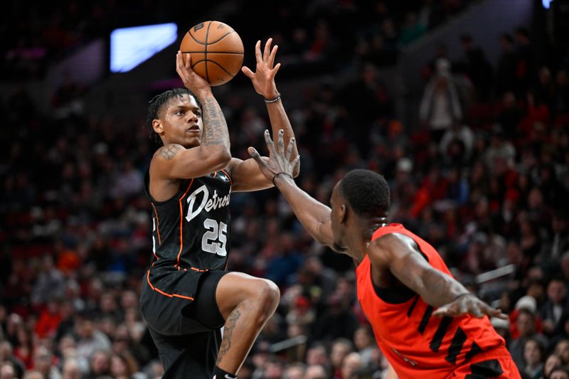 PORTLAND, OREGON - FEBRUARY 08: Marcus Sasser #25 of the Detroit Pistons shoots the ball during the second quarter of the game against the Portland Trail Blazers at the Moda Center on February 08, 2024 in Portland, Oregon. NOTE TO USER: User expressly acknowledges and agrees that, by downloading and or using this photograph, User is consenting to the terms and conditions of the Getty Images License Agreement. (Photo by Alika Jenner/Getty Images)