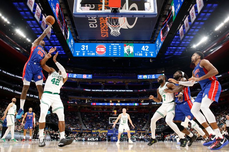 DETROIT, MI - OCTOBER 26: Ron Holland II #00 of the Detroit Pistons shoots the ball during the game against the Boston Celtics during a regular season game on October 26, 2024 at Little Caesars Arena in Detroit, Michigan. NOTE TO USER: User expressly acknowledges and agrees that, by downloading and/or using this photograph, User is consenting to the terms and conditions of the Getty Images License Agreement. Mandatory Copyright Notice: Copyright 2024 NBAE (Photo by Brian Sevald/NBAE via Getty Images)