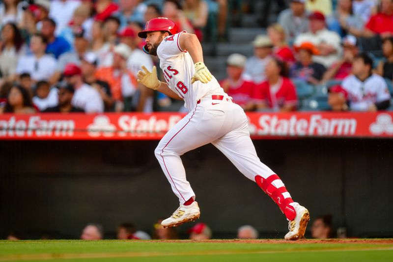 May 10, 2025; Anaheim, California, USA; Los Angeles Angels first baseman Nolan Schanuel (18) runs after hitting a single against the Los Angeles Angels during the first inning at Angel Stadium. Mandatory Credit: Gary A. Vasquez-Imagn Images