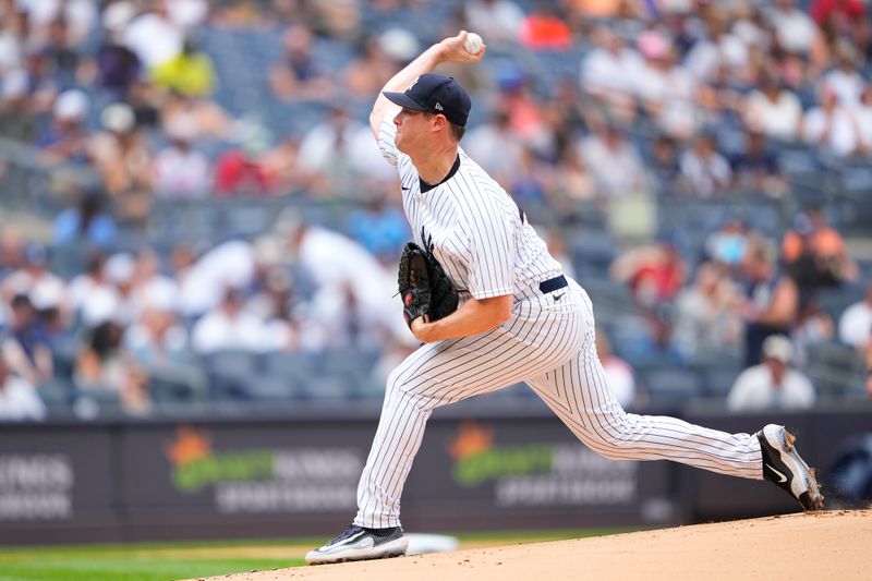 Jul 8, 2023; Bronx, New York, USA; New York Yankees pitcher Gerrit Cole (45) pitches against the Chicago Cubs during the first inning at Yankee Stadium. Mandatory Credit: Gregory Fisher-USA TODAY Sports