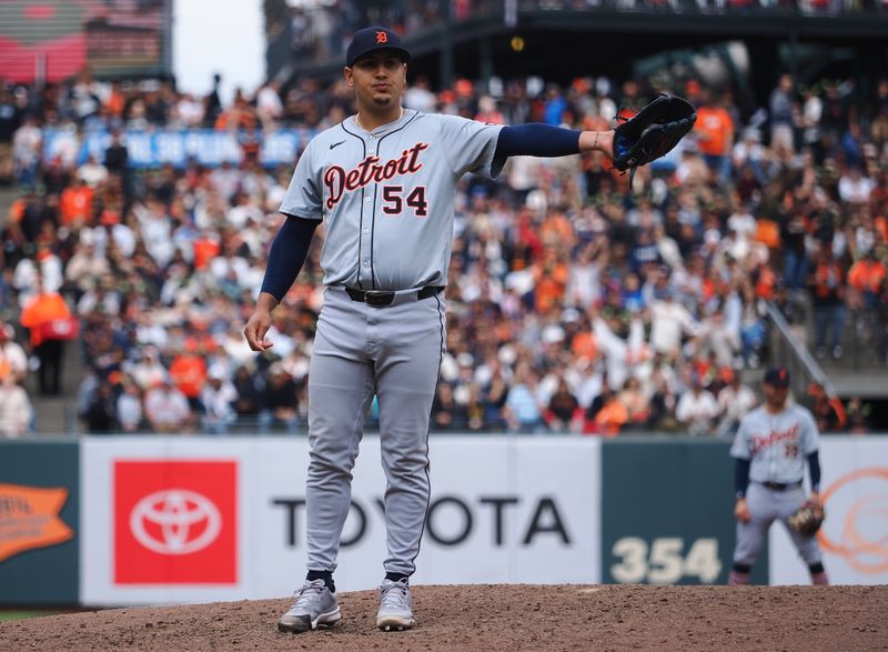 Aug 11, 2024; San Francisco, California, USA; Detroit Tigers starting pitcher Keider Montero (54) gestures after initially being called for a balk that was overturned during the sixth inning against the San Francisco Giants at Oracle Park. Mandatory Credit: Kelley L Cox-USA TODAY Sports