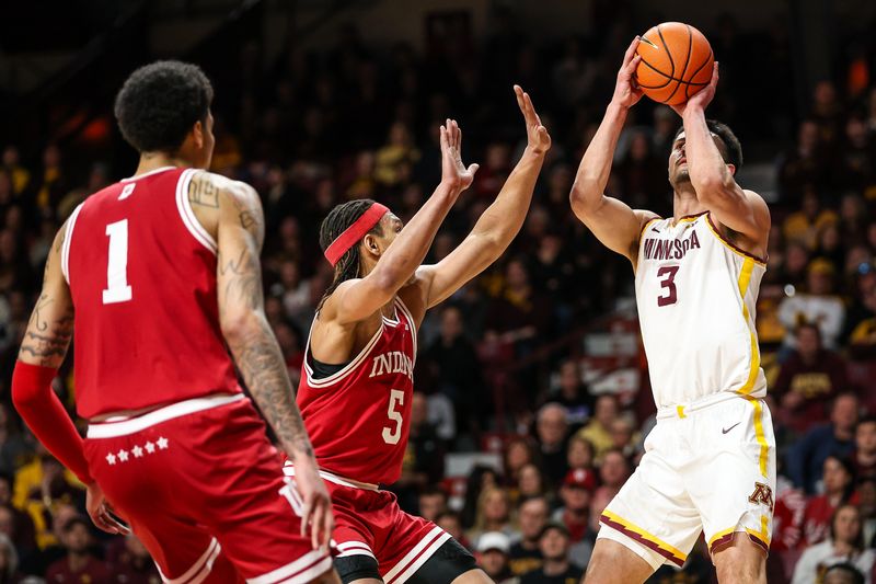 Mar 6, 2024; Minneapolis, Minnesota, USA; Minnesota Golden Gophers forward Dawson Garcia (3) shoots as Indiana Hoosiers forward Malik Reneau (5) defends during the first half at Williams Arena. Mandatory Credit: Matt Krohn-USA TODAY Sports