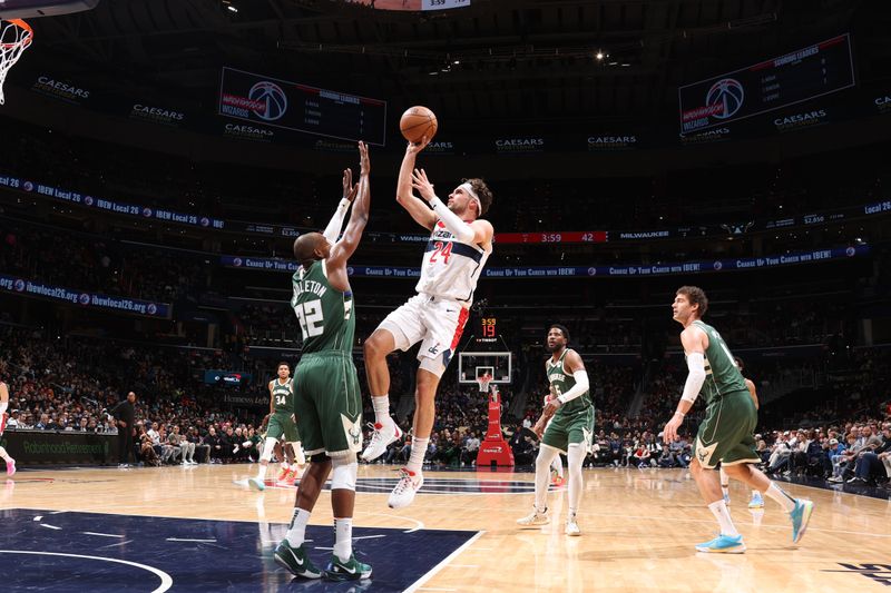 WASHINGTON, DC -? APRIL 2: Corey Kispert #24 of the Washington Wizards shoots the ball during the game against the Milwaukee Bucks on April 2, 2024 at Capital One Arena in Washington, DC. NOTE TO USER: User expressly acknowledges and agrees that, by downloading and or using this Photograph, user is consenting to the terms and conditions of the Getty Images License Agreement. Mandatory Copyright Notice: Copyright 2024 NBAE (Photo by Stephen Gosling/NBAE via Getty Images)