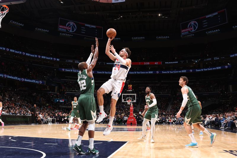 WASHINGTON, DC -? APRIL 2: Corey Kispert #24 of the Washington Wizards shoots the ball during the game against the Milwaukee Bucks on April 2, 2024 at Capital One Arena in Washington, DC. NOTE TO USER: User expressly acknowledges and agrees that, by downloading and or using this Photograph, user is consenting to the terms and conditions of the Getty Images License Agreement. Mandatory Copyright Notice: Copyright 2024 NBAE (Photo by Stephen Gosling/NBAE via Getty Images)