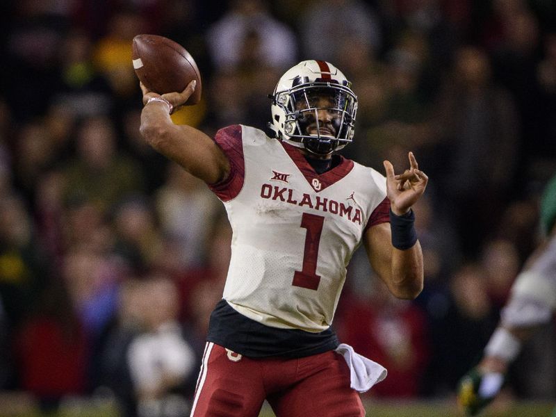 Nov 16, 2019; Waco, TX, USA; Oklahoma Sooners quarterback Jalen Hurts (1) passes the ball against the Baylor Bears during the second half at McLane Stadium. Mandatory Credit: Jerome Miron-USA TODAY Sports