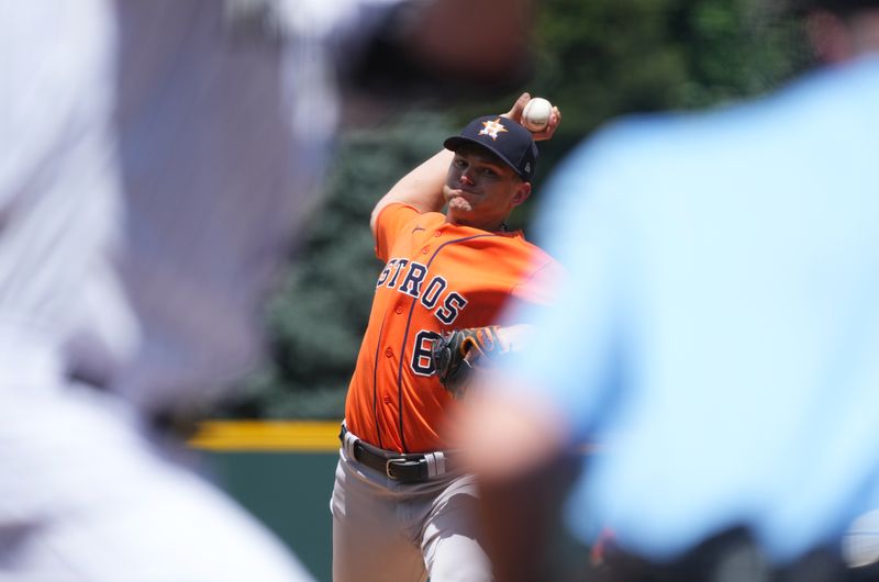 Jul 19, 2023; Denver, Colorado, USA; Houston Astros starting pitcher Brandon Bielak (64) delivers a pitch in the first inning against the Colorado Rockies at Coors Field. Mandatory Credit: Ron Chenoy-USA TODAY Sports