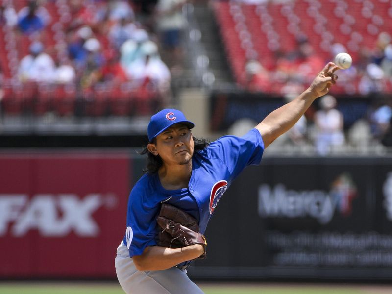 Jun 26, 2025; St. Louis, Missouri, USA;  Chicago Cubs starting pitcher Shota Imanaga (18) pitches against the St. Louis Cardinals during the first inning at Busch Stadium. Mandatory Credit: Jeff Curry-Imagn Images
