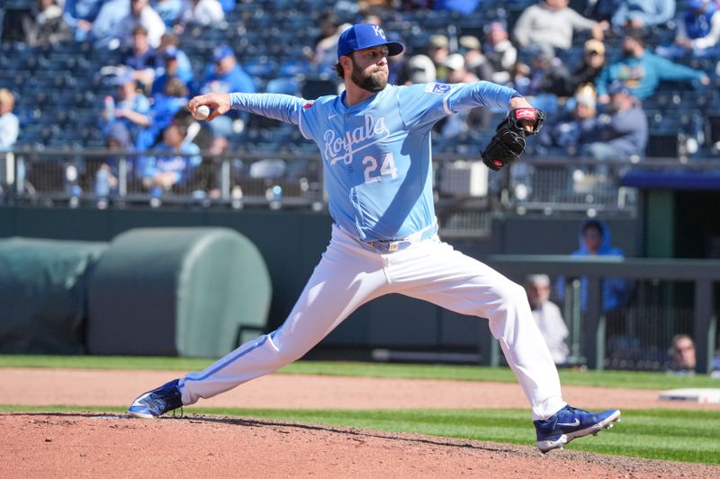 Apr 11, 2024; Kansas City, Missouri, USA; Kansas City Royals pitcher Jordan Lyles (24) delivers a pitch against the Houston Astros in the ninth inning at Kauffman Stadium. Mandatory Credit: Denny Medley-USA TODAY Sports