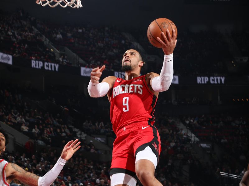 PORTLAND, OR - MARCH 8:  Dillon Brooks #9 of the Houston Rockets goes to the basket during the game on March 8, 2024 at the Moda Center Arena in Portland, Oregon. NOTE TO USER: User expressly acknowledges and agrees that, by downloading and or using this photograph, user is consenting to the terms and conditions of the Getty Images License Agreement. Mandatory Copyright Notice: Copyright 2024 NBAE (Photo by Cameron Browne/NBAE via Getty Images)