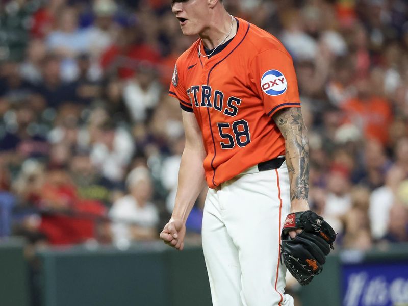 Jul 12, 2024; Houston, Texas, USA; Houston Astros starting pitcher Hunter Brown (58) reacts after striking out Texas Rangers first baseman Nathaniel Lowe (30) (not pictured) to end the sixth inning at Minute Maid Park. Mandatory Credit: Thomas Shea-USA TODAY Sports