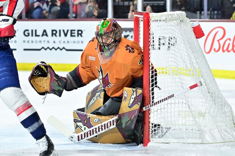 Jan 19, 2023; Tempe, Arizona, USA; Arizona Coyotes goaltender Karel Vejmelka (70) defends in the first period against the Washington Capitals at Mullett Arena. Mandatory Credit: Matt Kartozian-USA TODAY Sports