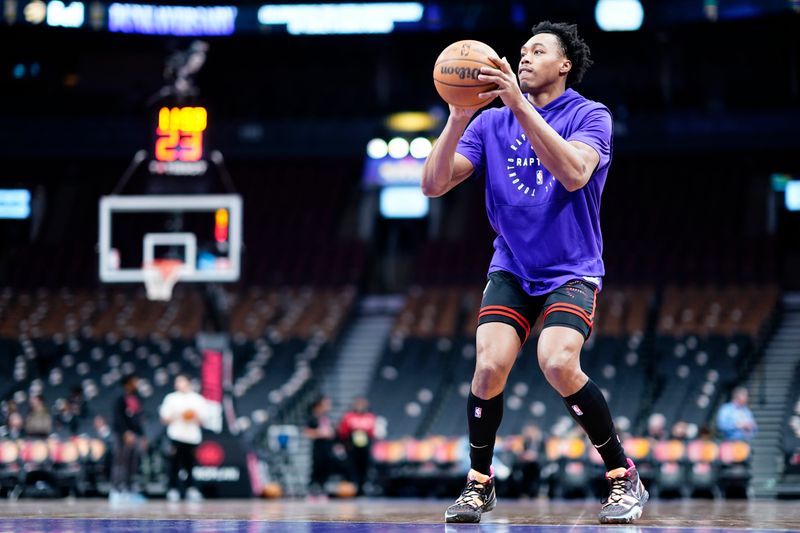 TORONTO, CANADA - FEBRUARY 12: Scottie Barnes #4 of the Toronto Raptors warms up before the game against the Cleveland Cavaliers on February 12, 2025 at the Scotiabank Arena in Toronto, Ontario, Canada.  NOTE TO USER: User expressly acknowledges and agrees that, by downloading and or using this Photograph, user is consenting to the terms and conditions of the Getty Images License Agreement.  Mandatory Copyright Notice: Copyright 2025 NBAE (Photo by Mark Blinch/NBAE via Getty Images)