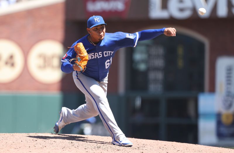 May 21, 2025; San Francisco, California, USA; Kansas City Royals starting pitcher Angel Zerpa (61) pitches the ball against the San Francisco Giants during the eighth inning at Oracle Park. Mandatory Credit: Kelley L Cox-Imagn Images