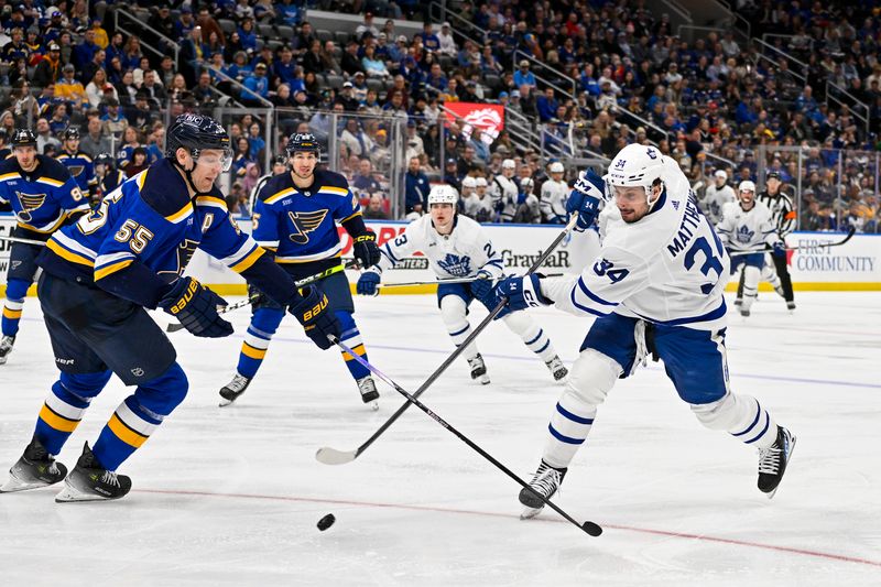 Feb 19, 2024; St. Louis, Missouri, USA;  Toronto Maple Leafs center Auston Matthews (34) shoots as St. Louis Blues defenseman Colton Parayko (55) defends during the third period at Enterprise Center. Mandatory Credit: Jeff Curry-USA TODAY Sports