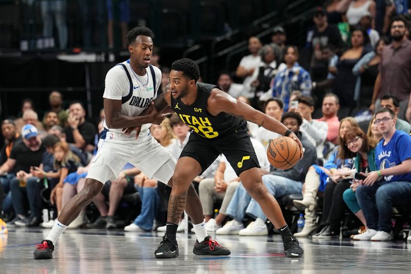 DALLAS, TX - OCTOBER 10: Brice Sensabaugh #28 of the Utah Jazz drives to the basket during the game against the Dallas Mavericks on October 10, 2024 at American Airlines Center in Dallas, Texas. NOTE TO USER: User expressly acknowledges and agrees that, by downloading and or using this photograph, User is consenting to the terms and conditions of the Getty Images License Agreement. Mandatory Copyright Notice: Copyright 2024 NBAE (Photo by Glenn James/NBAE via Getty Images)