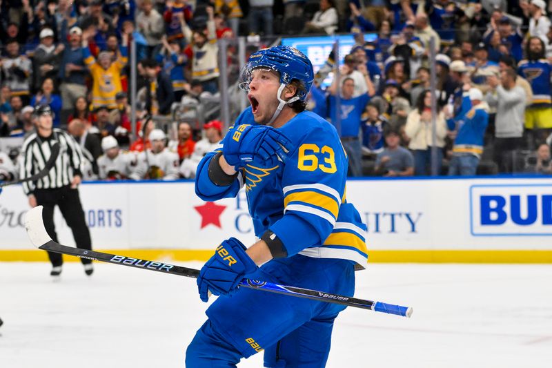 Oct 15, 2025; St. Louis, Missouri, USA; St. Louis Blues left wing Jake Neighbours (63) reacts after scoring against the Chicago Blackhawks during the first period at Enterprise Center. Mandatory Credit: Jeff Curry-Imagn Images