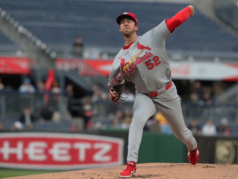Apr 7, 2025; Pittsburgh, Pennsylvania, USA;  St. Louis Cardinals starting pitcher Matthew Liberatore (52) delivers a pitch against the Pittsburgh Pirates during the first inning at PNC Park. Mandatory Credit: Charles LeClaire-Imagn Images