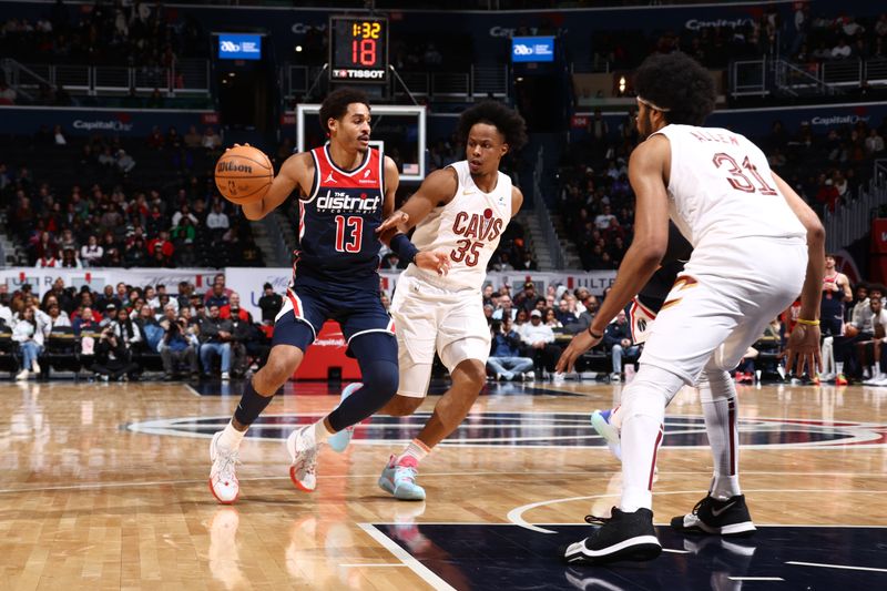 WASHINGTON, DC -? FEBRUARY 7: Jordan Poole #13 of the Washington Wizards handles the ball during the game against the Cleveland Cavaliers on February 7, 2024 at Capital One Arena in Washington, DC. NOTE TO USER: User expressly acknowledges and agrees that, by downloading and or using this Photograph, user is consenting to the terms and conditions of the Getty Images License Agreement. Mandatory Copyright Notice: Copyright 2024 NBAE (Photo by Kenny Giarla/NBAE via Getty Images)