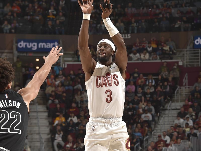 CLEVELAND, OH - NOVEMBER 9: Caris LeVert #3 of the Cleveland Cavaliers three point basket during the game against the Brooklyn Nets on November 9, 2024 at Rocket Mortgage FieldHouse in Cleveland, Ohio. NOTE TO USER: User expressly acknowledges and agrees that, by downloading and/or using this Photograph, user is consenting to the terms and conditions of the Getty Images License Agreement. Mandatory Copyright Notice: Copyright 2024 NBAE (Photo by David Liam Kyle/NBAE via Getty Images)