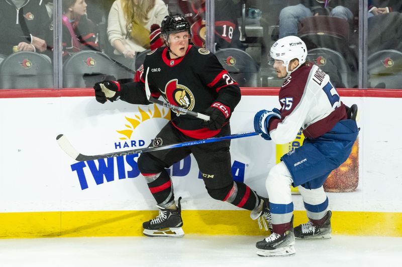Mar 20, 2025; Ottawa, Ontario, CAN; Ottawa Senators left wing Fabian Zetterlund (20) evades a check from Colorado Avalanche defenseman Ryan Lindgren (55) in the third period at the Canadian Tire Centre. Mandatory Credit: Marc DesRosiers-Imagn Images
