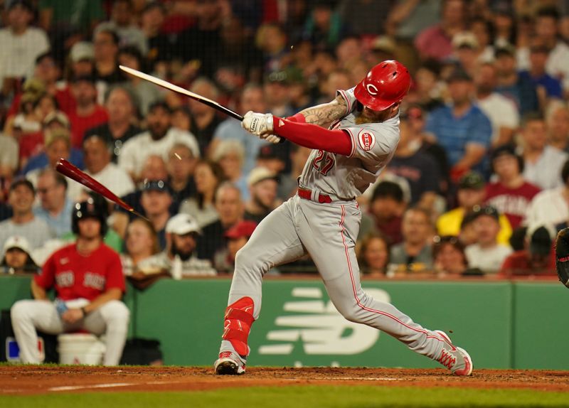 Jun 1, 2023; Boston, Massachusetts, USA; Cincinnati Reds right fielder Jake Fraley (27) breaks his bat against the Boston Red Sox in the sixth inning at Fenway Park. Mandatory Credit: David Butler II-USA TODAY Sports