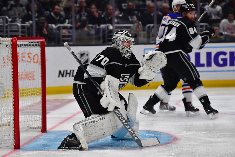 Apr 29, 2023; Los Angeles, California, USA; Los Angeles Kings goaltender Joonas Korpisalo (70) defends the goal against the Edmonton Oilers during the first period in game six of the first round of the 2023 Stanley Cup Playoffs at Crypto.com Arena. Mandatory Credit: Gary A. Vasquez-USA TODAY Sports