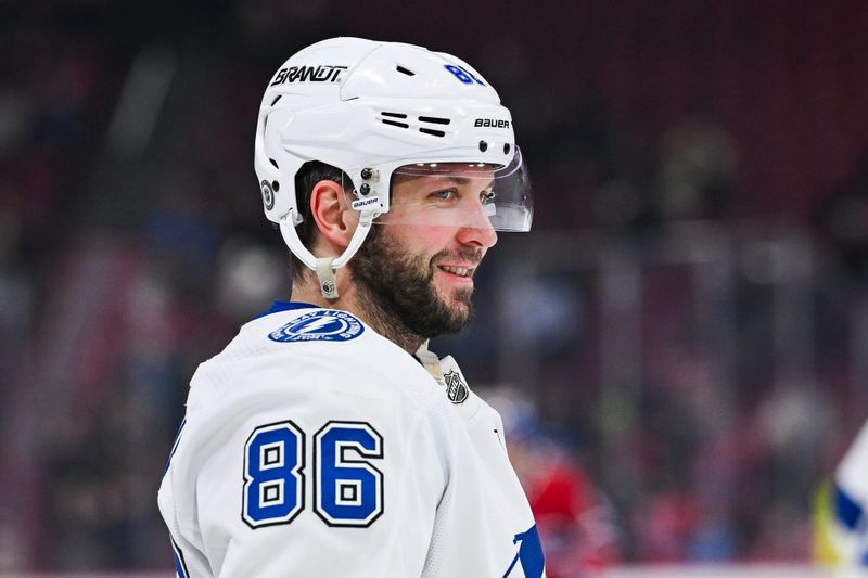 Apr 4, 2024; Montreal, Quebec, CAN; Tampa Bay Lightning right wing Nikita Kucherov (86) looks on during warm-up before the game against the Montreal Canadiens at Bell Centre. Mandatory Credit: David Kirouac-USA TODAY Sports